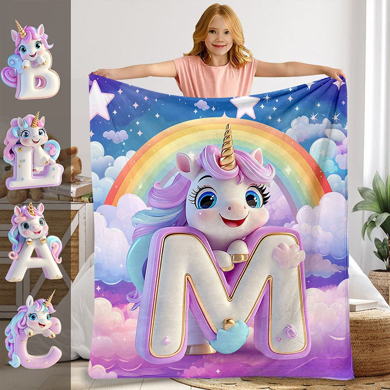 Personalized Dream Horse Initial Blanket with Custom Letter and Rainbow Design for Kids and Cozy Bedroom Decor Blanket