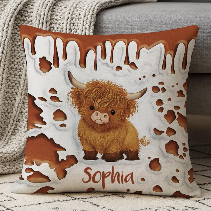 Personalized Highland Cow Pillow with Cute Cow Illustration and Custom Name for Animal Lovers and Cozy Decor Pillow