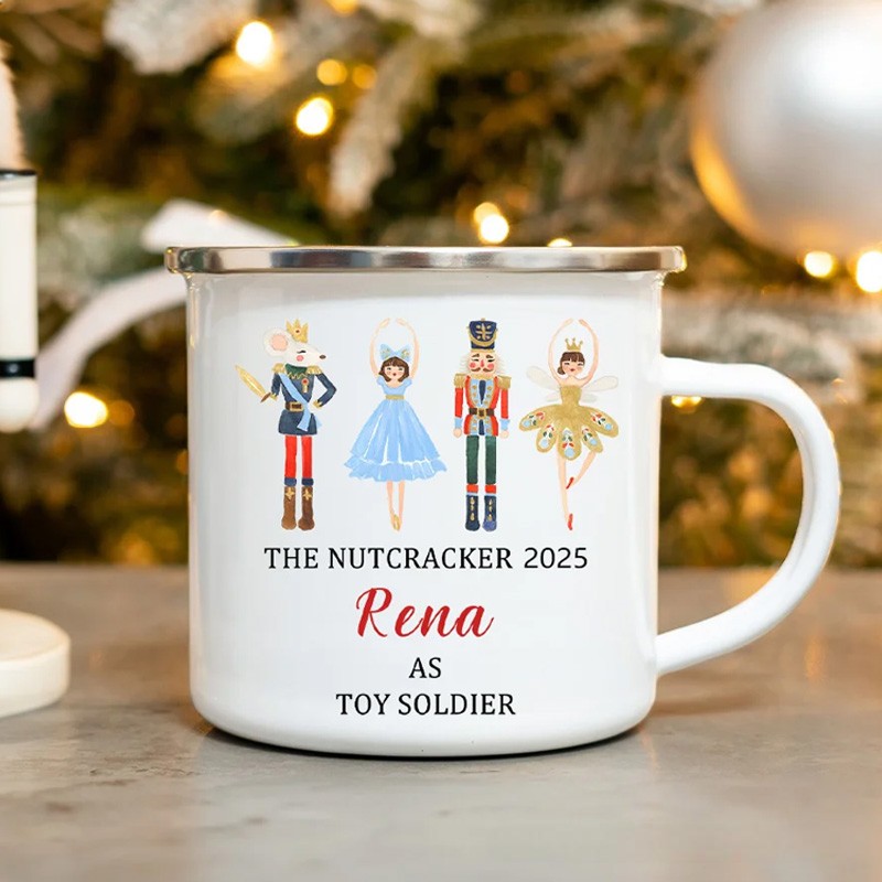 Personalized Cute Nutcracker Solider Ballet Girl 12oz Colored Rim Enamel Cup with Name and Year Birthday Christmas Gift