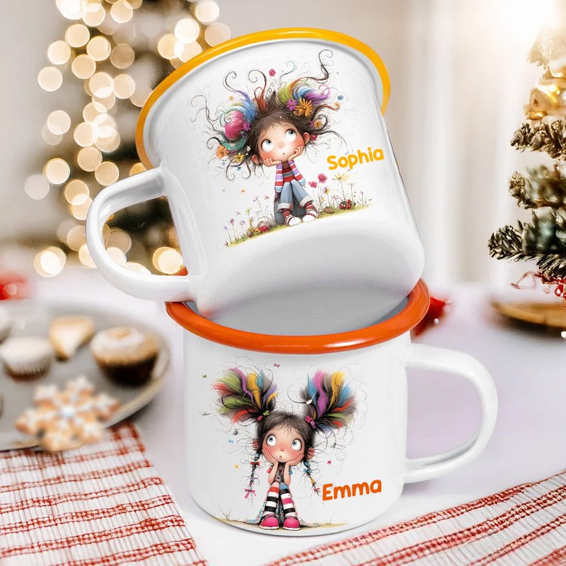 Personalized Cute Whimsical Quirky Girl 12oz Colorful Rim Enamel Mug with Name Birthday Back to School Holiday Gift