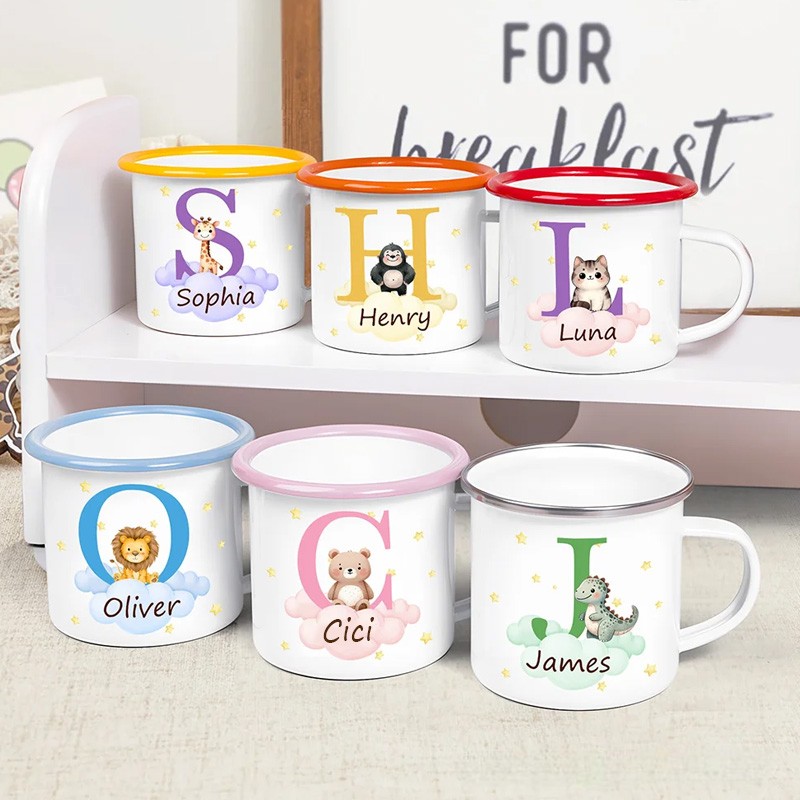 Personalized Cute Bear Dinosaur Cartoon Forest Animal 12 oz Colored Rim Enamel Mug with Initial and Name Birthday Gift