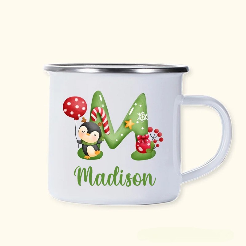 Personalized Christmas Alphabet 12oz Enamel Camping Mug