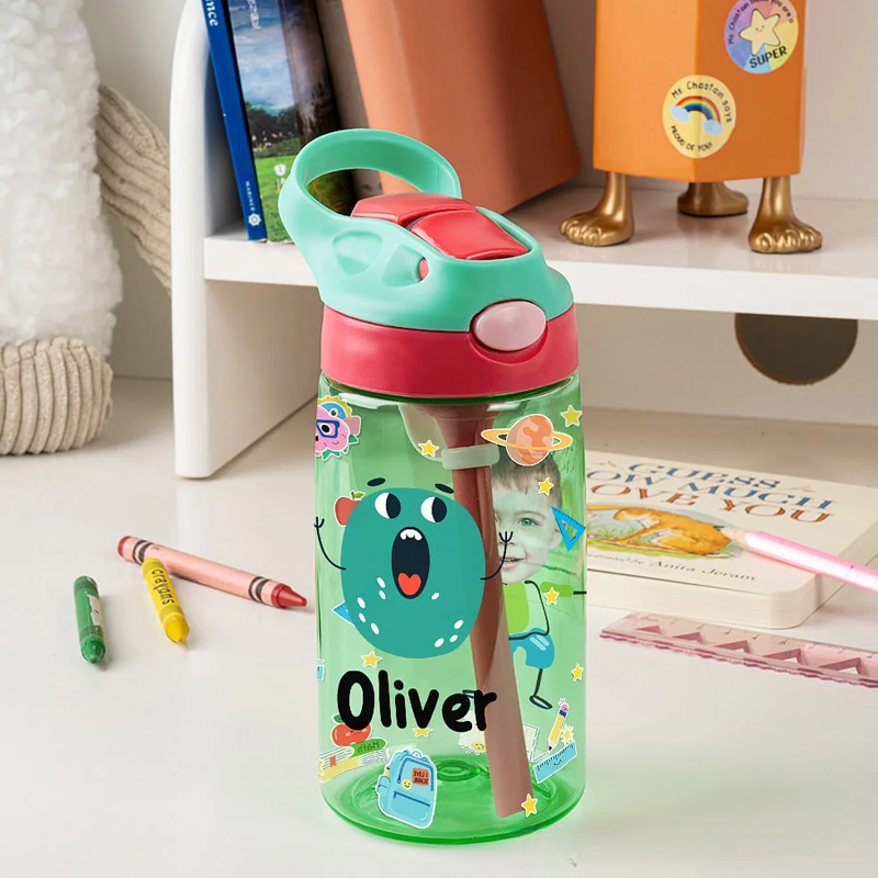 Personalized Colorful Cartoon Photo Name 16oz Kid's Water Bottle with Silicone Straw and Handle Birthday Back to School Gift for Boys Girls