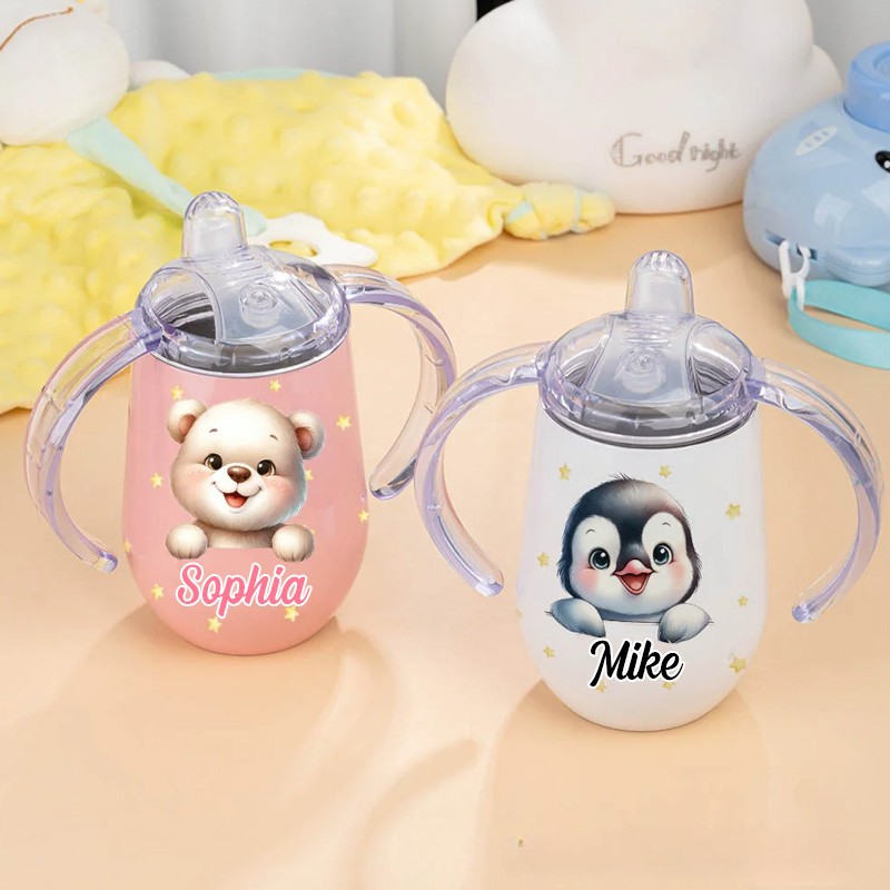 Personalized Cute Dream Horse Bear Animal 10 oz Insulated Sippy Cup with Name and Handle Baby Shower Birthday Gift for Toddler Kid