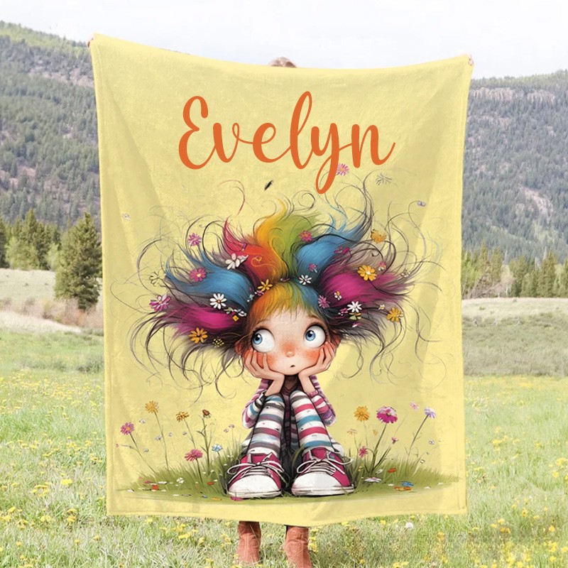 Personalized Multicolor Quirky Girl Soft Throw Kids Blanket with Name Home Decor Birthday Gift for Girls