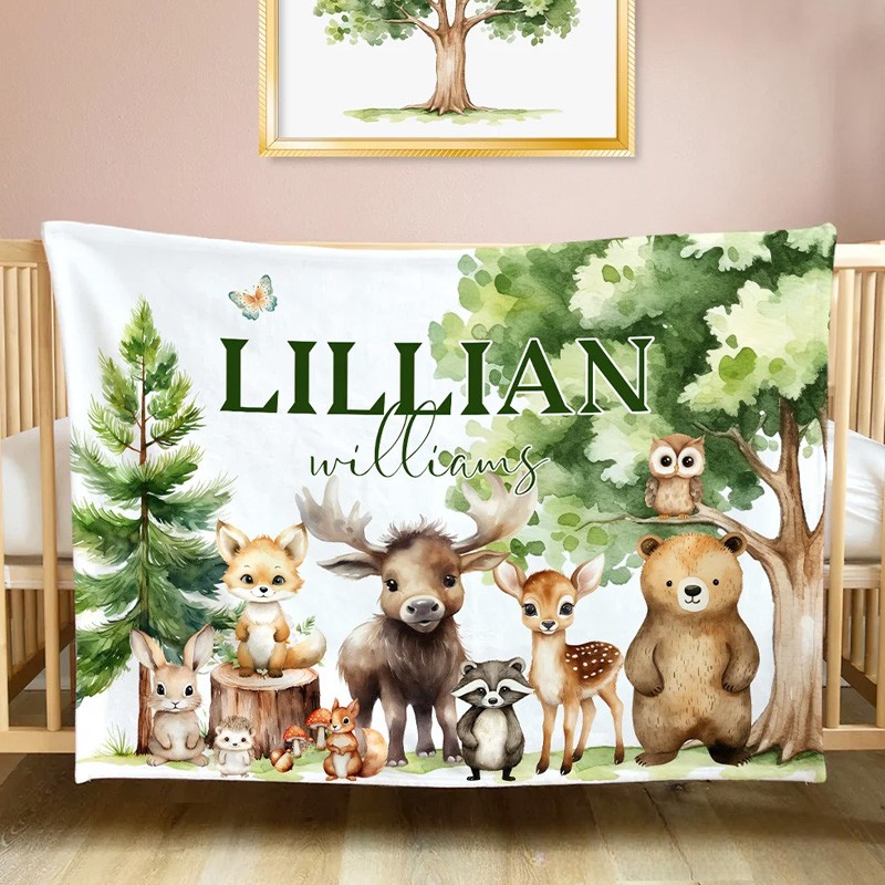 Personalized Cute Forest Animals Fox Rabbit Soft Throw Blanket with Name Nursery Room Decor Birthday Gift for Boys Girls