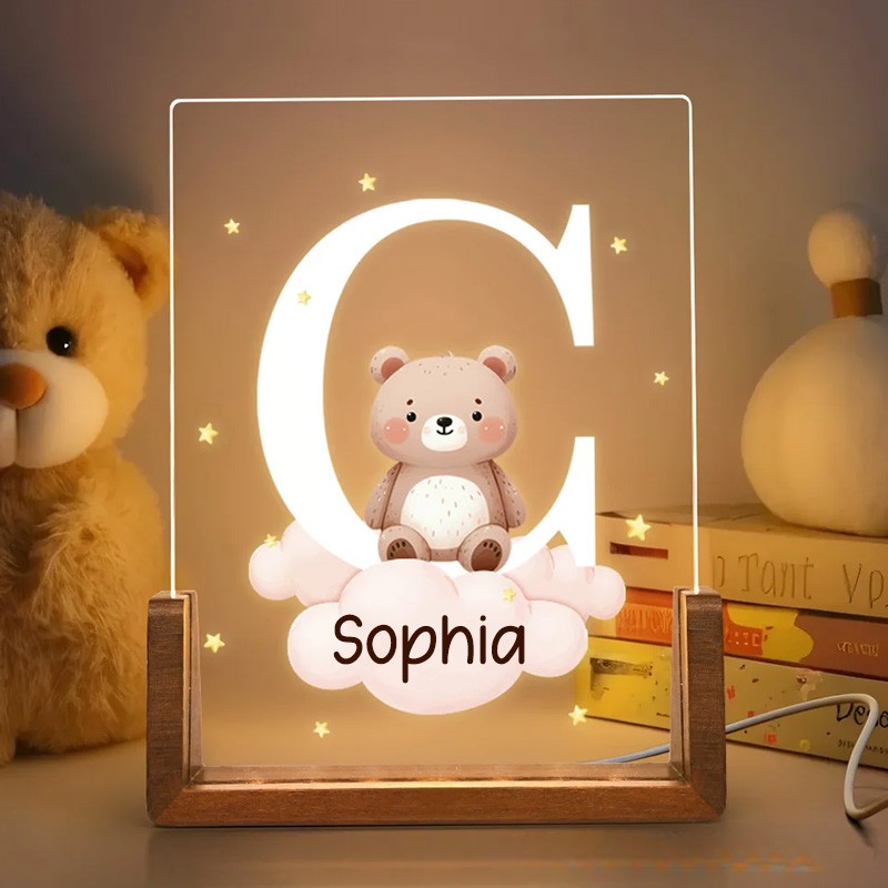 Personalized Cute Forest Animal Acrylic Cloud Star LED Night Light with Wooden Base Name and Initial Birthday Day Gift for Boys Girls