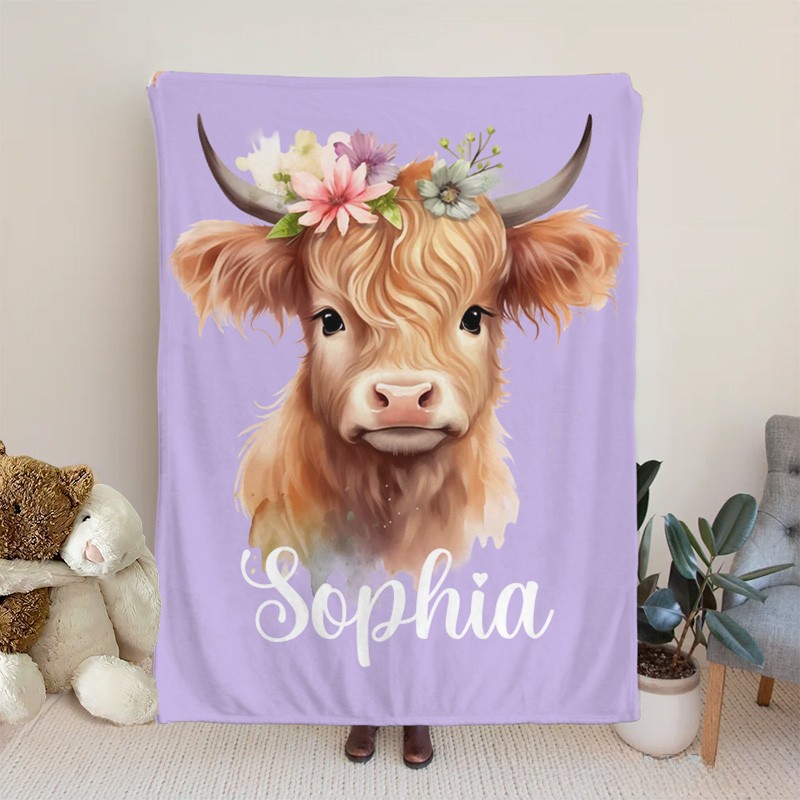Personalized Cute Floral Highland Cow Soft Throw Baby Blanket with Name Birthday Gift for Highland Cow Lovers
