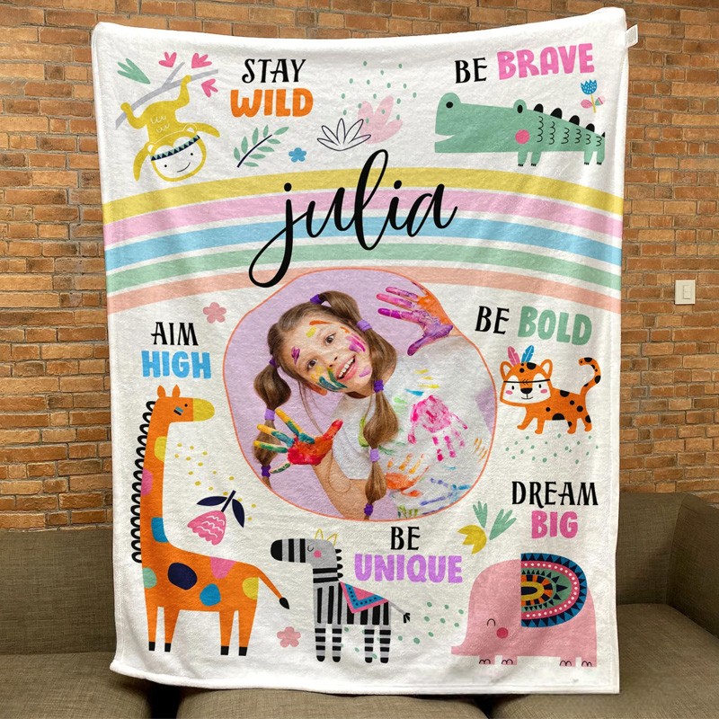 Personalized Stay Wild Affirmations for Kids with Safari Animals Blanket