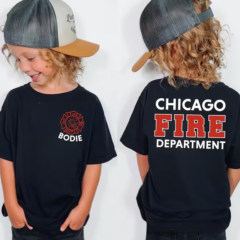 Personalized Fire Department Kids T-Shirt with Custom Name and Bold Chicago Firefighter Emblem for Little Heroes Kids T-Shirt