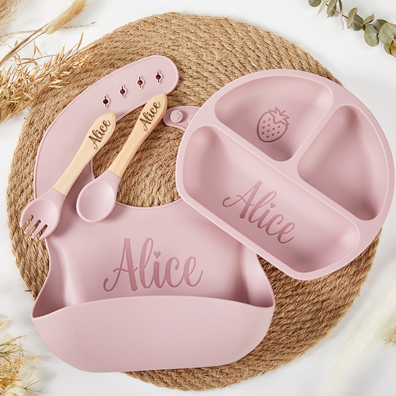 Personalized Eco Friendly Silicone Weaning Set with Engraved Name Unique Bib and Plate for Baby Ideal Baby Shower Gift