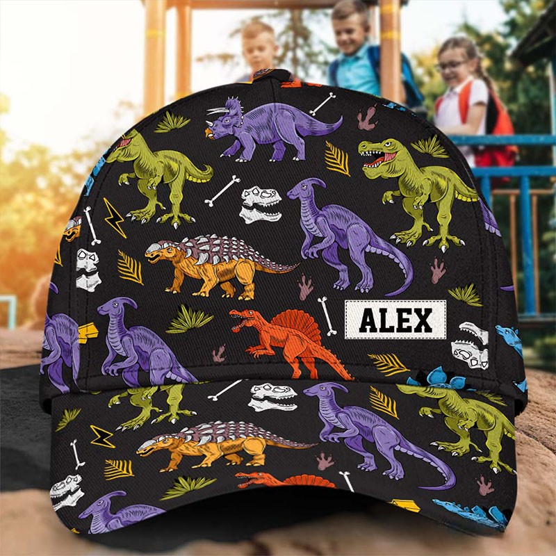 Personalized Dinosaur Pattern Cap with Custom Name and Colorful Prehistoric Design Perfect for Dino Enthusiasts Kid Classic Cap