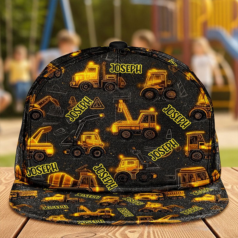Personalized Construction Cartoon Truck Cap with Custom Name and Bold Industrial Design Perfect for Kids Cap