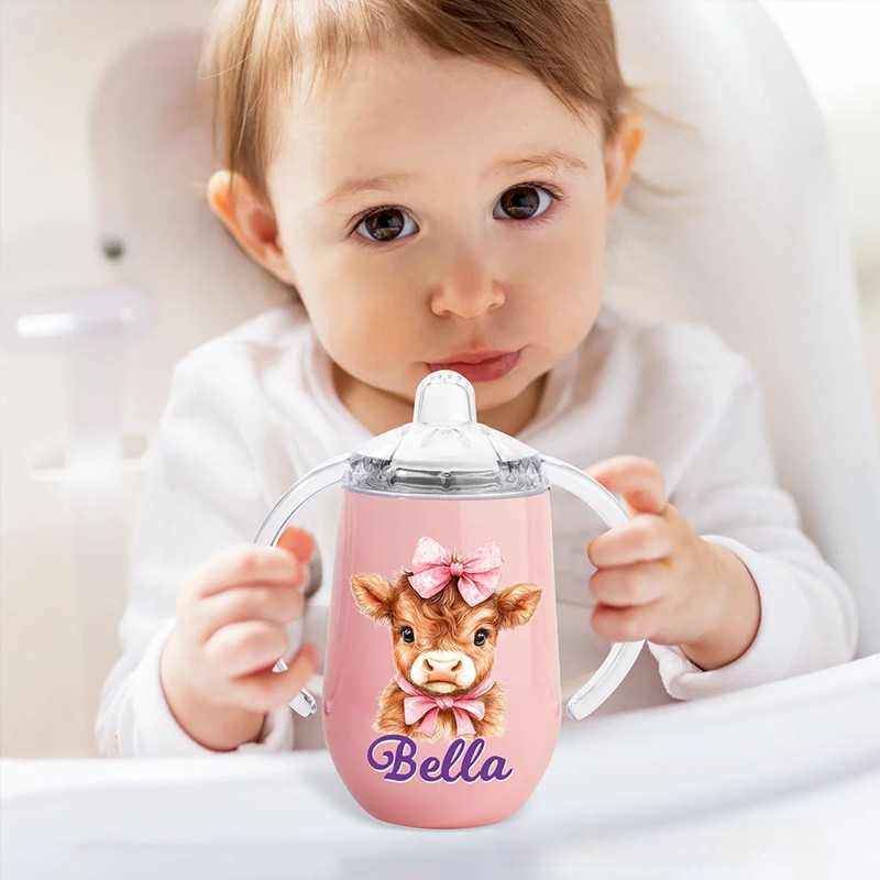 Personalized Cute Highland Cow 10 oz Insulated Name Sippy Cup with Lid and Handle Birthday Baby Shower Gift for Toddler Kids