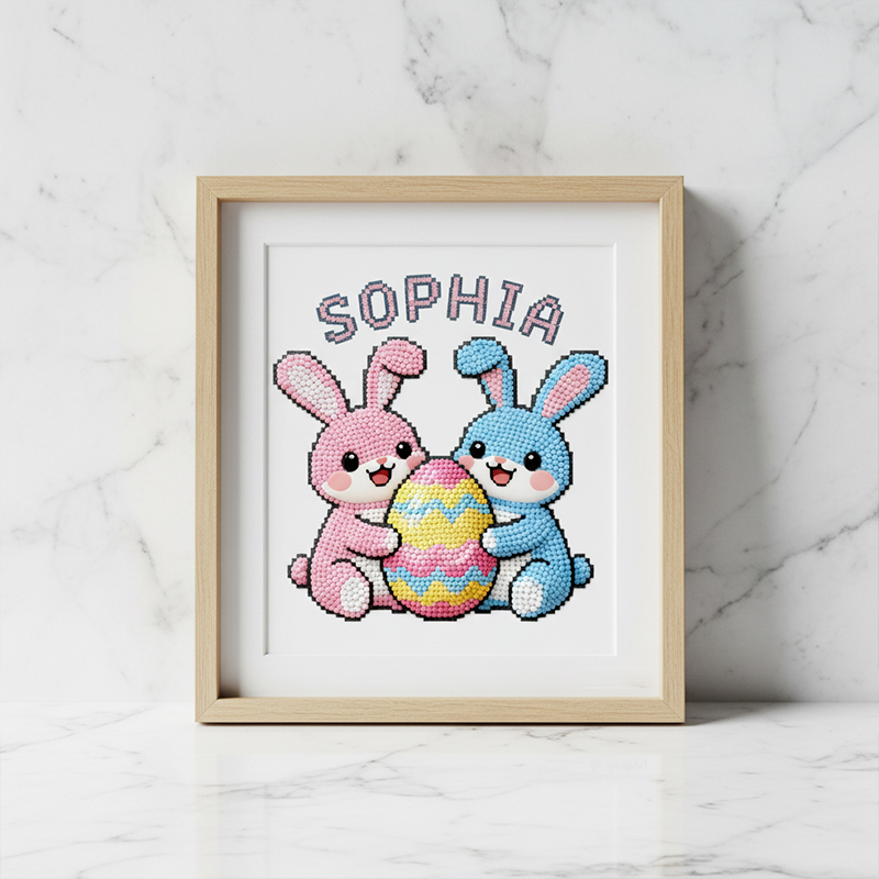 Personalized Name Diamond Painting Kit  Easter Bunny DIY Craft Set with Frame and Gems  Festive Design for Kids