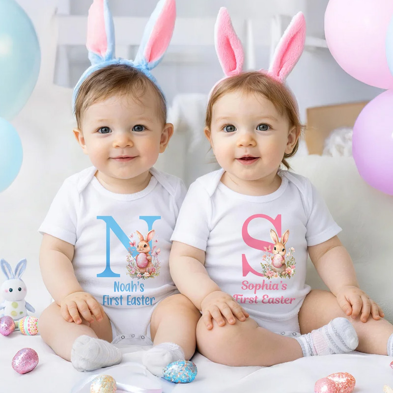 Personalized Easter Bunny Initial 100% Cotton Baby Bodysuit with Name Easter Party Gift for Kids Boys Girls