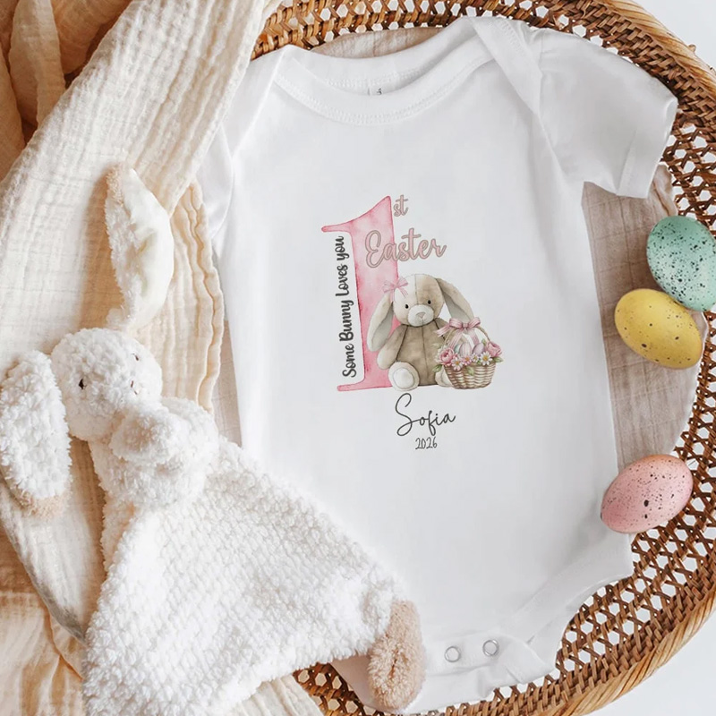 Personalized Some Bunny Loves You 1st Easter Soft Baby Bodysuit Receiving Blanket Swaddle Hat Set with Name Birthday Baby Shower Gift for Newborns