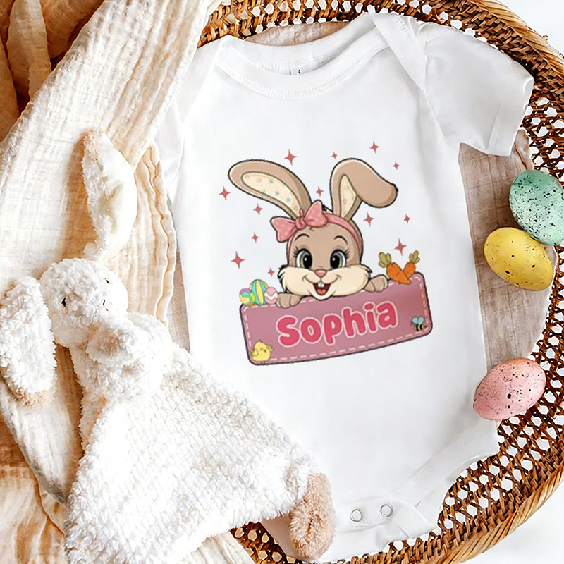 Personalized Bow Hat Easter Bunny 100% Cotton Baby Bodysuit Kid T-shirt with Name Easter Party Birthday Gift for Kids Boys Girls