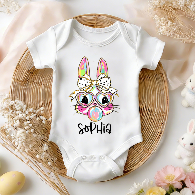 Personalized Coquette Bow Easter Bunny Baby Bodysuit with Name Easter Party Birthday Gift for Kids Boys Girls