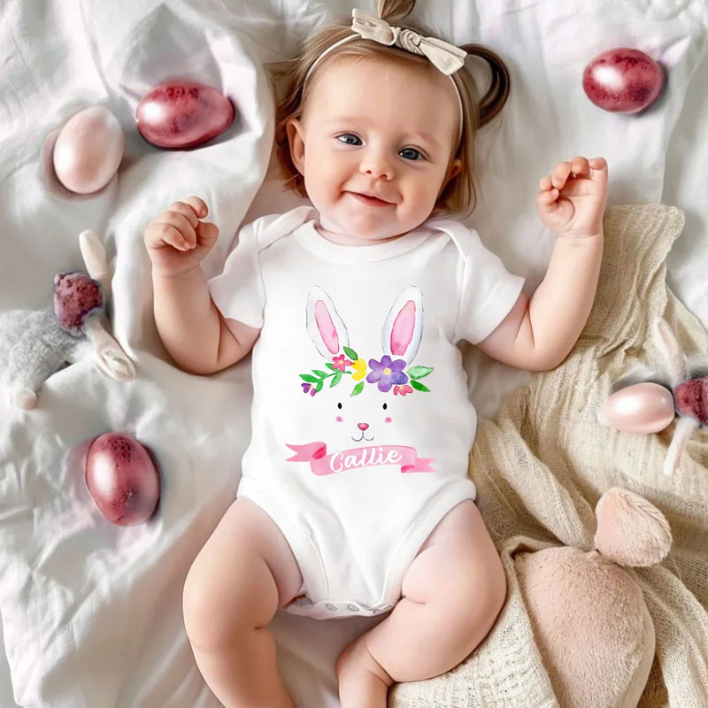 Personalized Cute Easter Bunny Watercolor Floral 100% Cotton Baby Bodysuit with Name Holiday Party Outfit Easter Gift for Baby Boys Girls