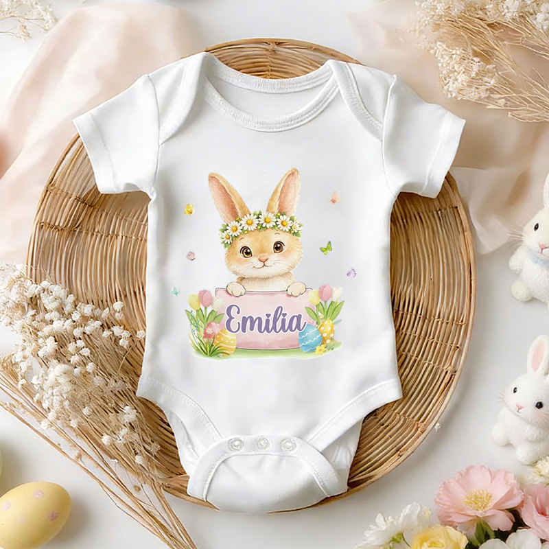 Personalized Easter Bunny Theme Custom Name Floral Wreath Cute Infant Outfit Spring Gift for Newborn Toddler Baby Bodysuit