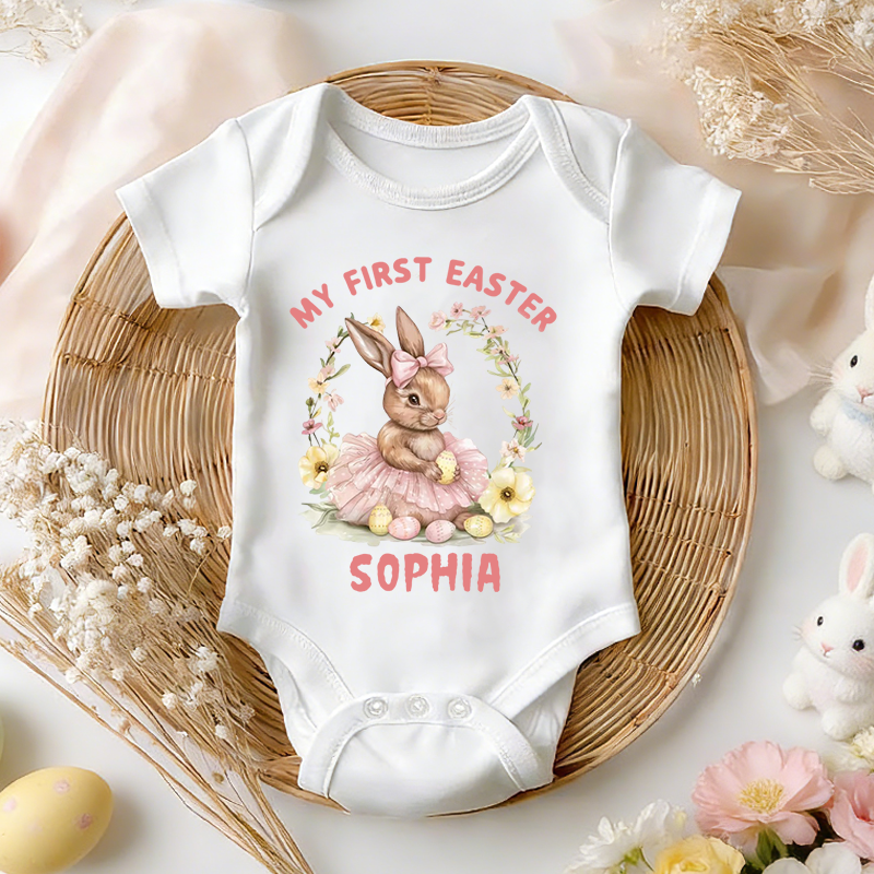 Personalized My First Easter Bunny Baby Bodysuit with Name Easter Party Birthday Gift for Kids Boys Girls