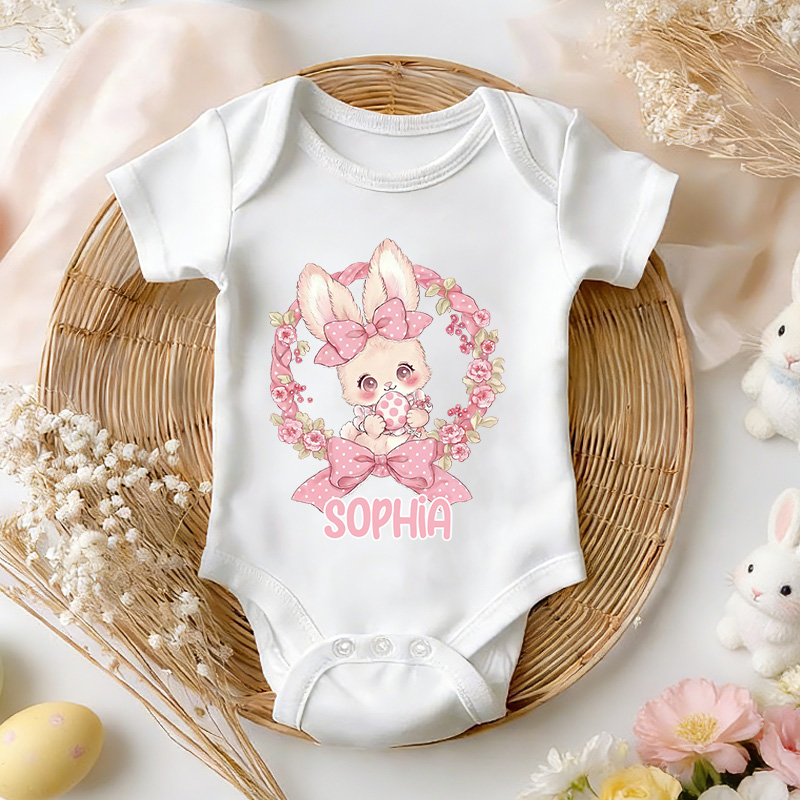 Personalized Easter Bunny Floral Theme Custom Name Cute Infant Outfit Spring Gift for Baby Girl Photography Easter Party Baby Bodysuit