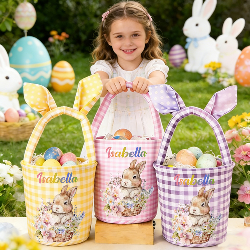 Personalized Easter Bunny Theme Name Gingham Fabric Basket with Ears Kids Egg Hunt Gift Reusable Tote Bag