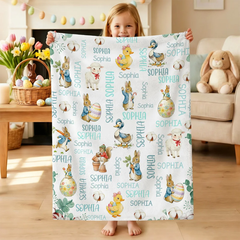 Personalized Cute Easter Bunny Duck Sheep Word Cloud Soft Throw Blanket with Name Home Decor Easter Gift for Boys Girls