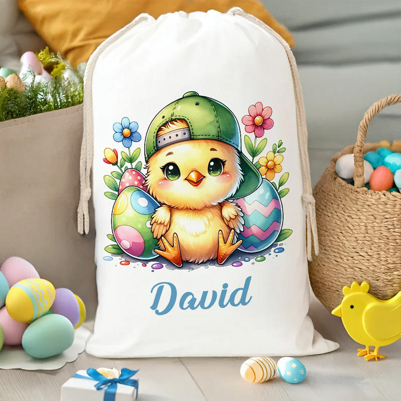 Personalized Cute Cartoon Rabbit Chick Easter Drawstring Gift Bag with Name Birthday Easter Party Gift for Kids Family