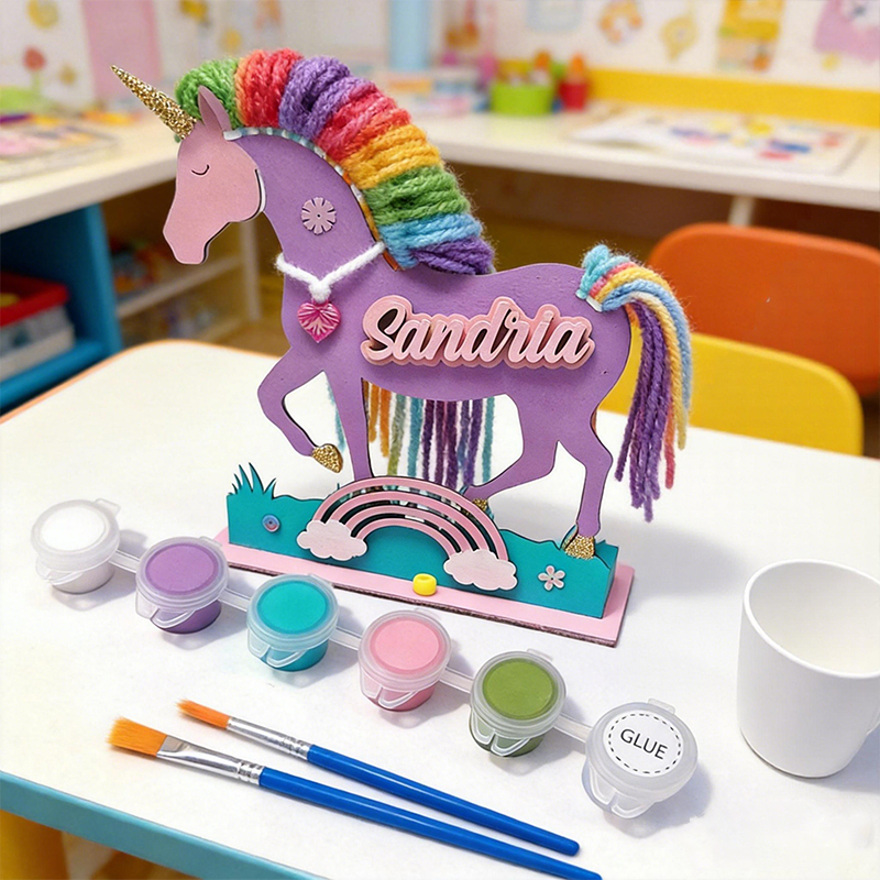 Personalized DIY Unicorn Craft Kit for Kids Custom Name Plaque Paints and Yarn for Creative Fun DIY Wood Macrame Paint Set