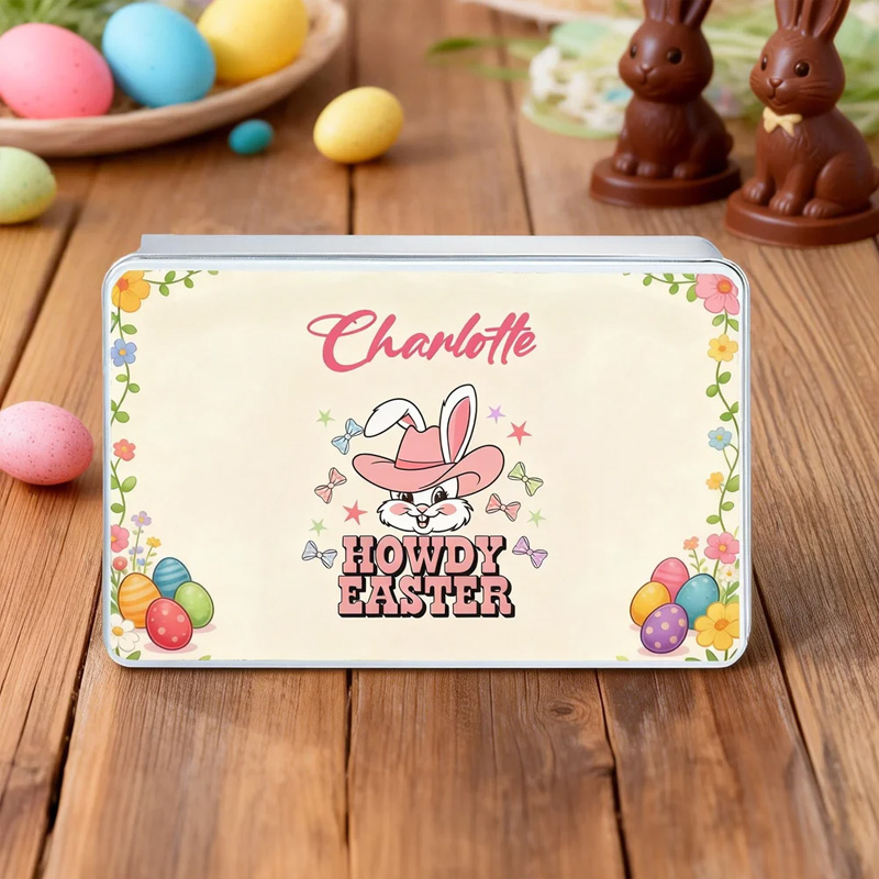Personalized Howdy Easter Cute Bunny Easter Biscuit Tin Box with Name Easter Party Easter Gift for Children