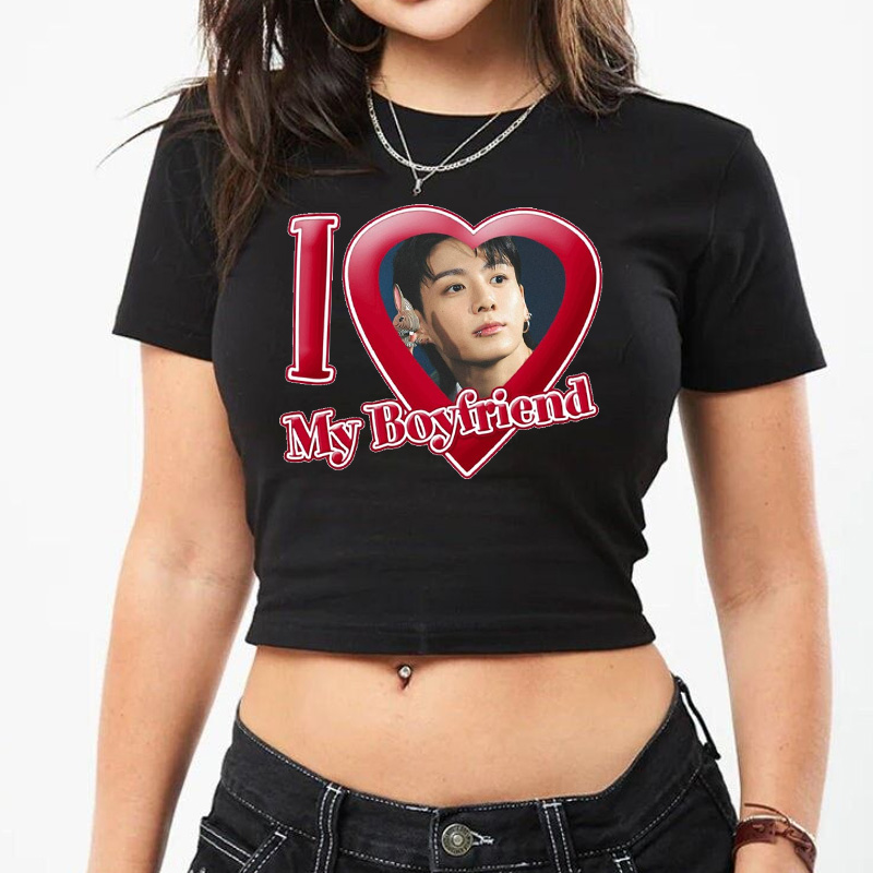 Personalized I Love My Boyfriend Heart Graphic Kpop Inspired Cute Y2K Aesthetic Short Sleeve Cropped Top Baby Tee K-Pop Fans Baby Tee