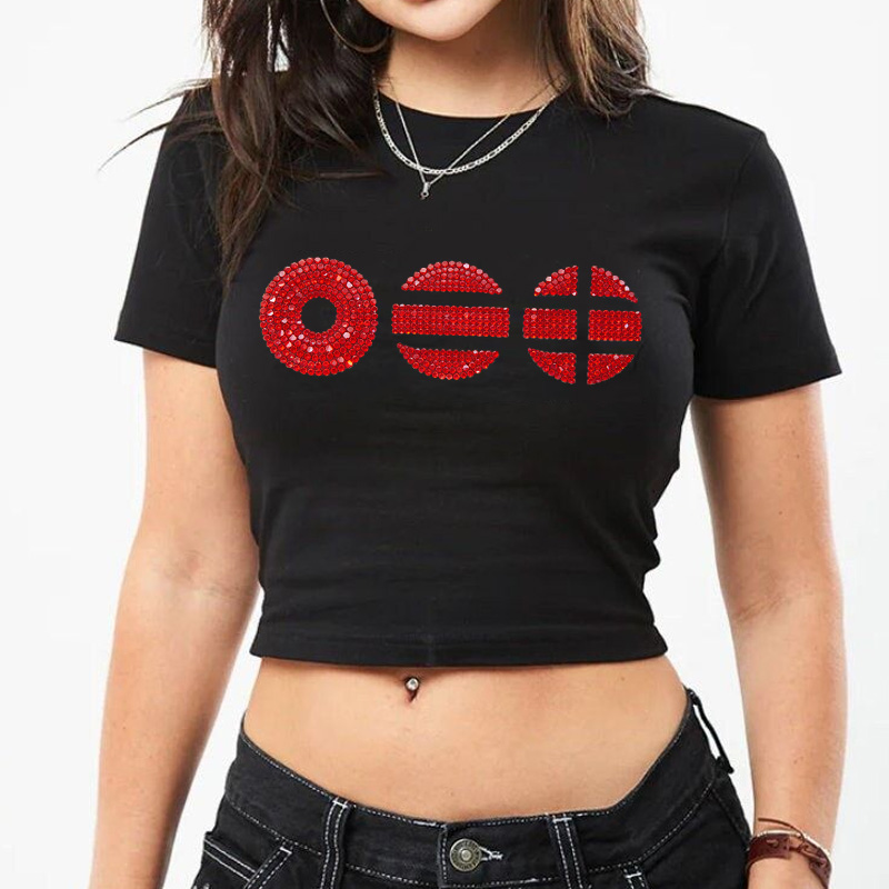 K-Pop Fans Rhinestones Cute Sweet Treat Graphic Kpop Inspired Aesthetic Short Sleeve Cropped Top Baby Tee