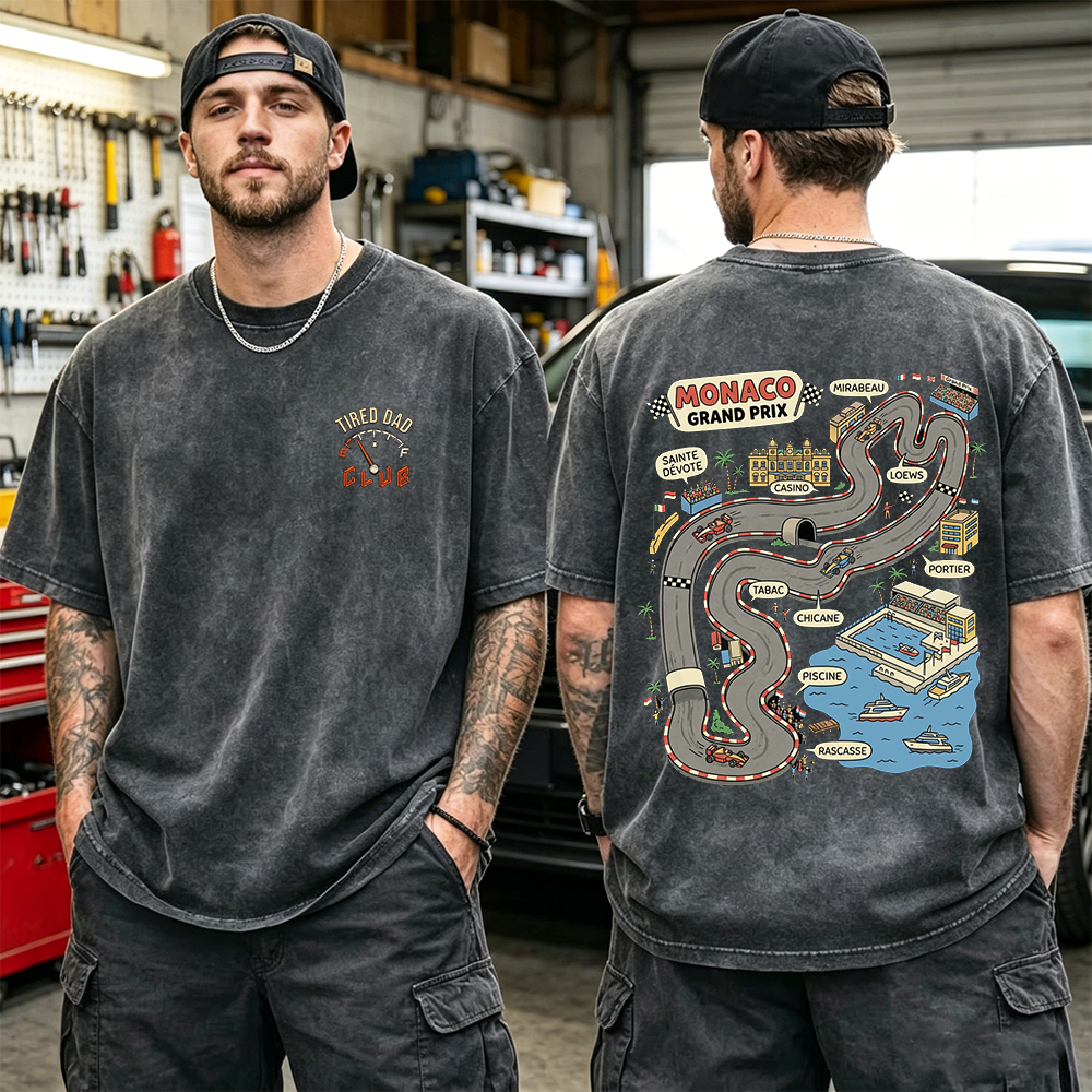 Retro Washed Black Monaco Circuit T-Shirt, "Tired Dad Club" Racing Graphic Tee, Oversized Auto Enthusiast Shirt for Fathers & F1 Fans
