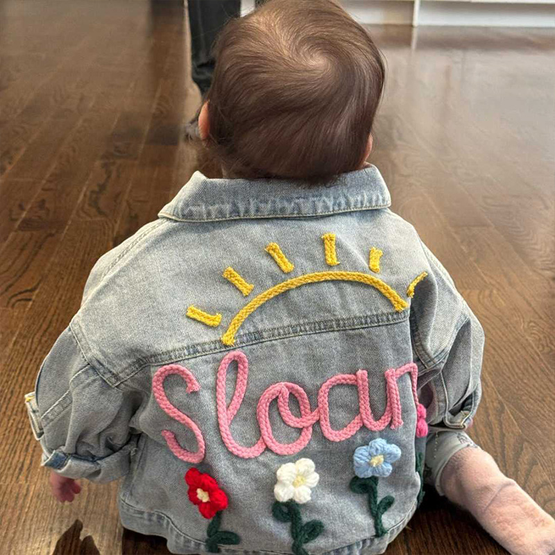 Personalized Sun and Flowers Embroidery Name Custom Cute Spring Garden Style Toddler Outfit Gift Kid Knitted Denim Jacket