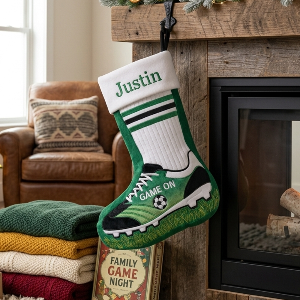 Personalized Soccer Christmas Stocking Custom Name Green Football Boot Shape Holiday Stocking For Kids Boys Sports Fans Xmas Gift