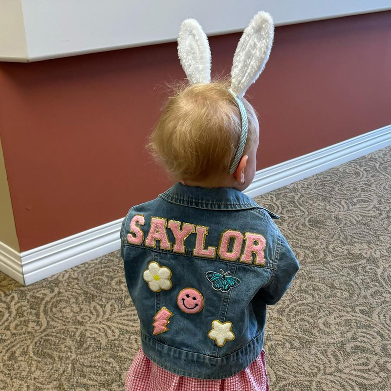 Personalized Rainbow Dream Horse Smiley Butterfly Lightning Patch Custom Name Colorful Fun Style Kid Denim Jacket