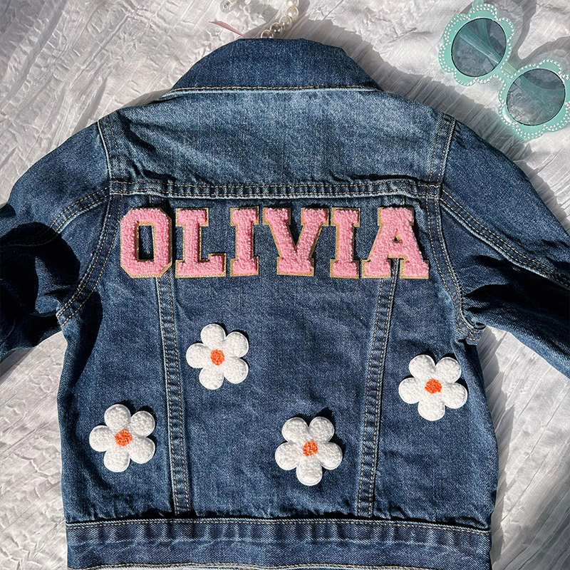 Personalized Pink Flower Custom Name Matching Sisters Outfit Spring Cute Style Kid Denim Jacket