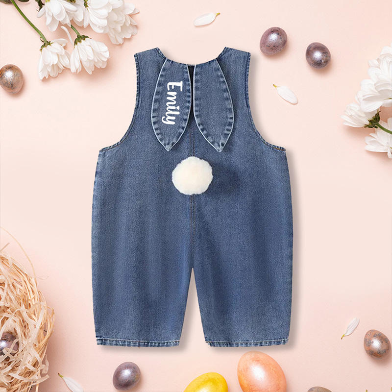 Personalized Custom Name Cute Tail Soft Playful Style Easter Outfit Adorable Toddler Gift Bunny Ears Denim Overalls