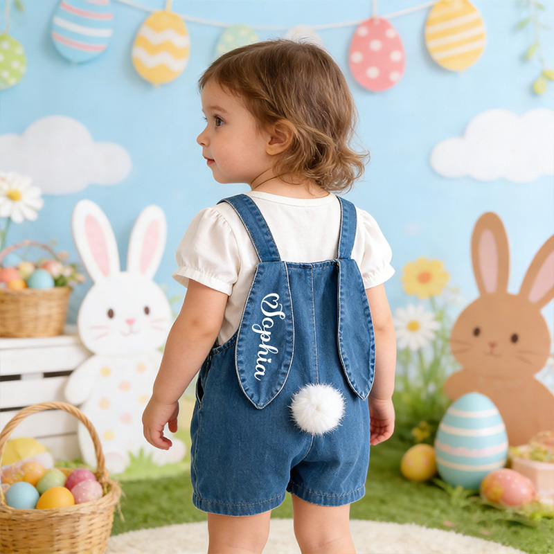 Personalized Name Custom Bunny Tail Cute Playtime Outfit Soft Comfortable Style Baby Gift Bunny Ears Denim Overalls