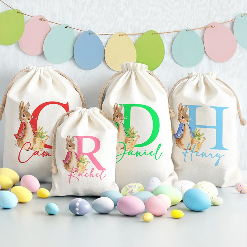 Personalized Cute Easter Bunny Drawstring Gift Bag with Initial and Name Easter Birthday Gift for Kids Family