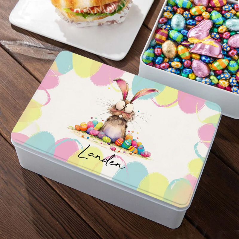 Personalized Quirky Easter Bunny Biscuit Tin Storage Box with Name Birthday Easter Party Gift for Kids