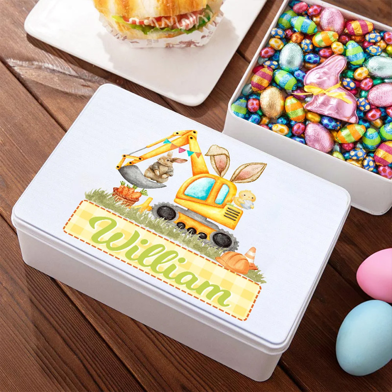 Personalized Bunny Easter Egg Excavator Food Grade Metal Biscuit Tin Storage Box with Name Easter Gift for Family Friends