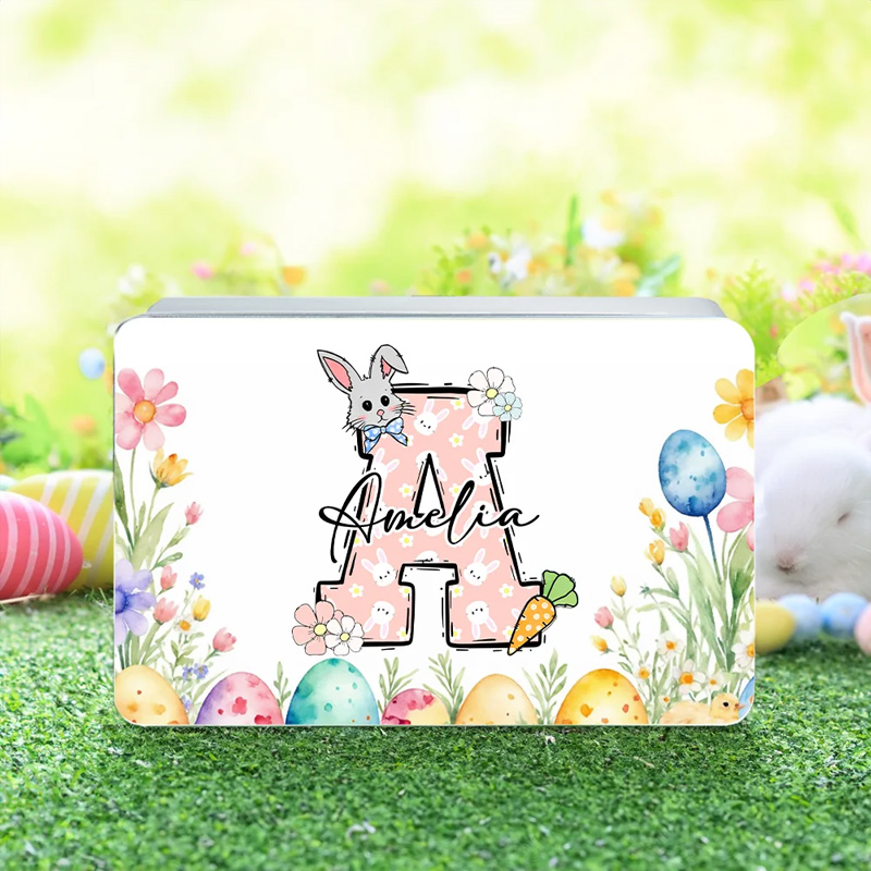 Personalized Cute Easter Bunny Carrot Initial Food-grade Biscuit Tin Storage Box with Name Birthday Easter Party Gift for Kids