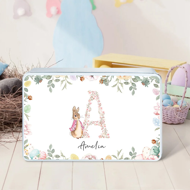 Personalized Cute Peter Rabbit Floral Initial Easter Biscuit Tin Storage Box with Name Easter Party Birthday Gift for Kids