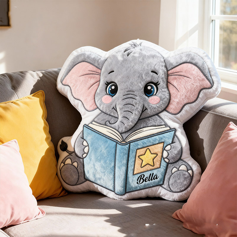 Personalized Reading Elephant Throw Pillow Graphic 3D Print Animal Pillow with Name for Kids Boys Girls Book Lover Gifts Birthday Gift