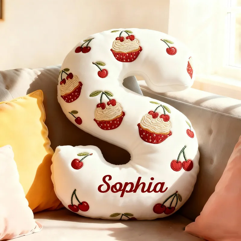 Personalized Cherry Cupcake Alphabet Throw Pillow Graphic 3D Print Christmas Dessert Letter with Name for Baker Gift for Kids Boys Girls