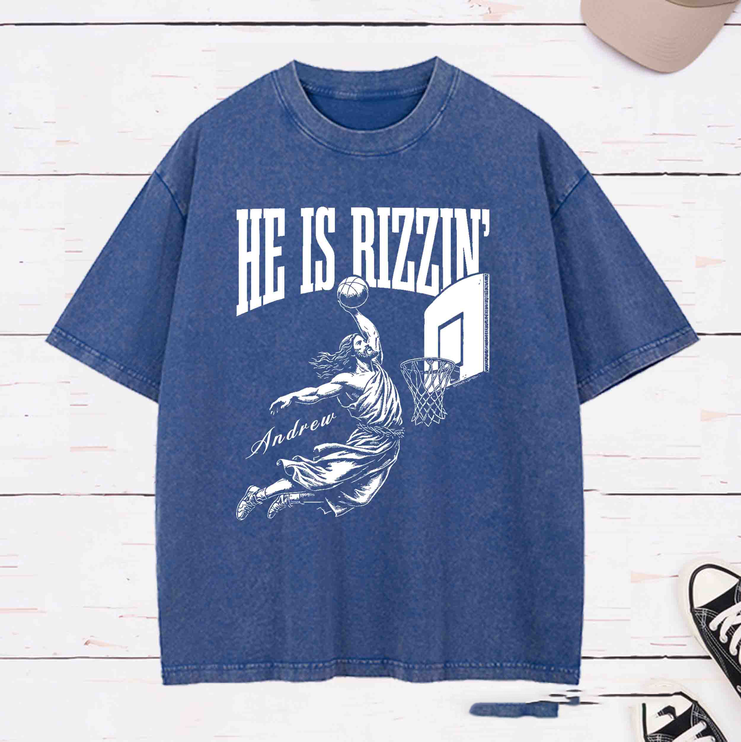 Personalized Character He is Rizzin Washed T-Shirt with Name Birthday Easter Gift for Christian