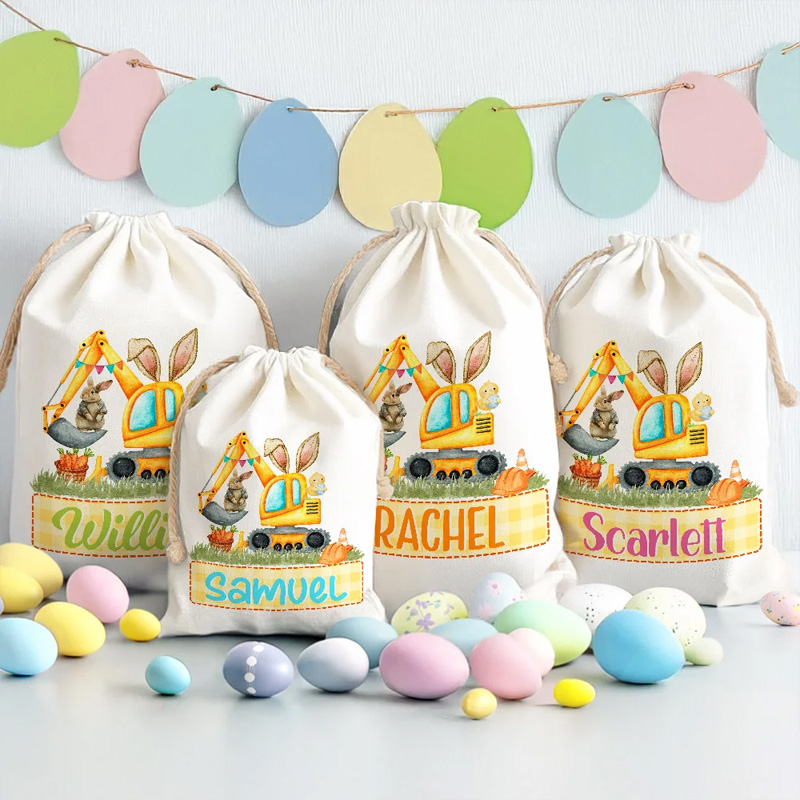 Personalized Cute Bunny Ears Excavator Design Drawstring Treat Bag with Multicolor Name Easter Birthday Party Gifts for Kids